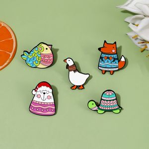 Custom bird cat fox turtle goose brooches happy winter cute animal sweater enamel pins cartoon lapel badges