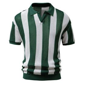 Men's 2023 Summer Polo Net Shirt Hollow out Short Sleeve Fishing Net Fashion Men's Stripe polo shirt Shirt