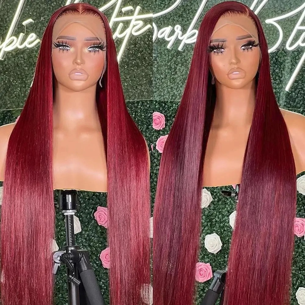Hefei Mengshi Trading Co., Ltd. Wholesale 13*4 Lace Frontal Wigs 30 Inch Long Straight Body 99j Red Brazilian Human Hair Wig HD Transparent Lace Front Wigs