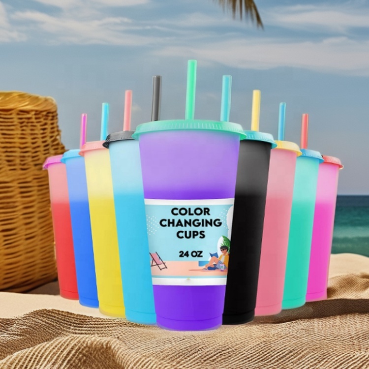 Bulk Tumblers Iced Coffee Tea and Smoothie 24 oz Reusable Plastic Tumblers Color Changing Cups with Lids and Straws