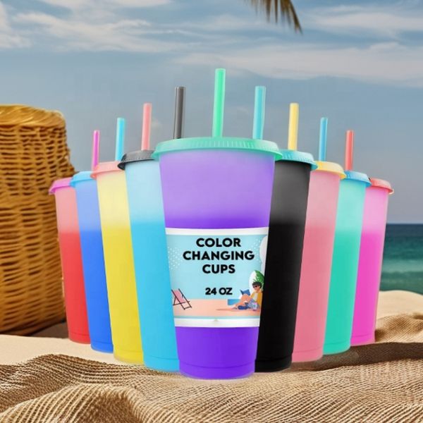 Bulk Tumblers Iced Coffee Tea and Smoothie 24 oz Reusable Plastic Tumblers Color Changing Cups with Lids and Straws