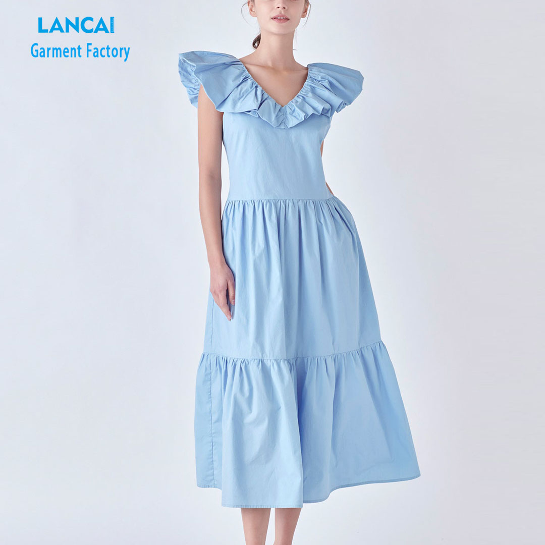 Custom Clothing Design Manufacturers Ruffled Midi Dress Powder Blue V-neckline Sleeveless Cotton Dress With Lining