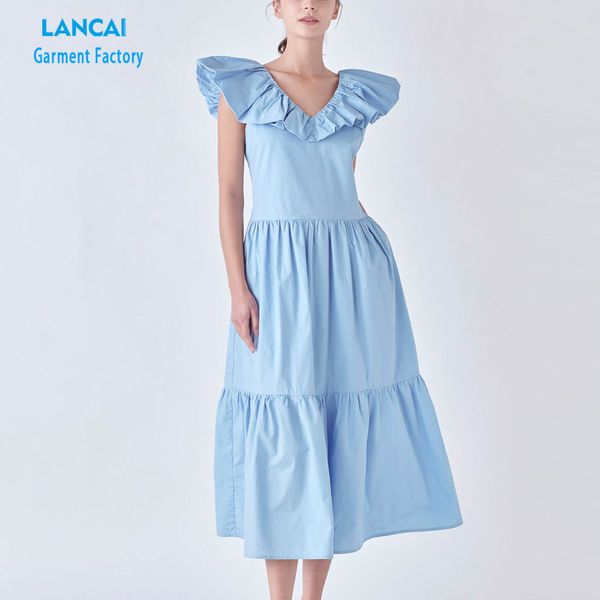 Custom Clothing Design Manufacturers Ruffled Midi Dress Powder Blue V-neckline Sleeveless Cotton Dress With Lining