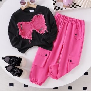 Conyson high quality fashion Source factory sweater suit bowknot baby girl clothes wholesale kids autumn 2 piece Clothing Set
