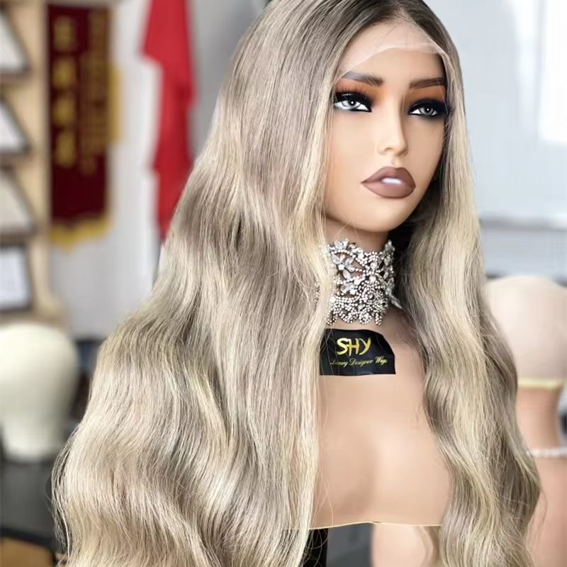 Qingdao Songhuiyuan Trading Co., Ltd. SHY 100% Raw virgin Human Hair Glueless Light Ash Blonde With Face Framing Highlight Natural Body Wave 13x4 HD Lace Frontal Wigs