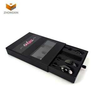 Custom Luxury Black Cardboard Paper Packaging Box With Window For Gift Spoon Fork Tableware