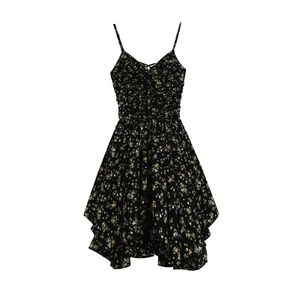 Floral Print A Line Women Mini Evening Dress Western Style Shoulder Strap Black Color Slim Fit Women Summer Chiffon Dress