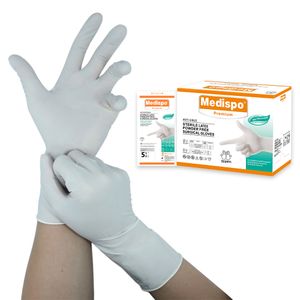 Medical grade sterile surgical latex hand gloves with antimicrobial barrier