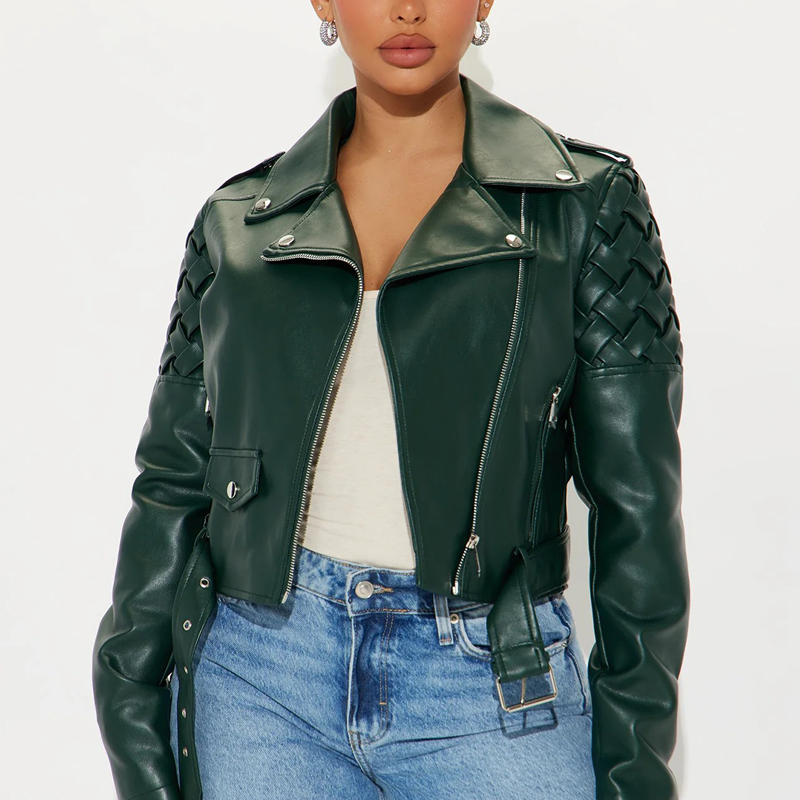High Quality Women Long Sleeve Front Zipper Up Faux Leather Waist Belted Cropped PU Motorcycle Jacket