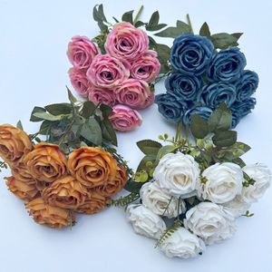O-X912 Wholesale 9 heads rose bundle Silk Artificial rose bulk flowers Home Wedding Decoration Fake Dusty rose flower bouquet