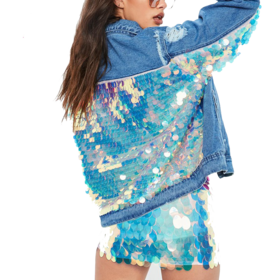New Arrival Ripping Bomber Jacket Top Women Spring Blue Denim Sequin Jackets With Hole
