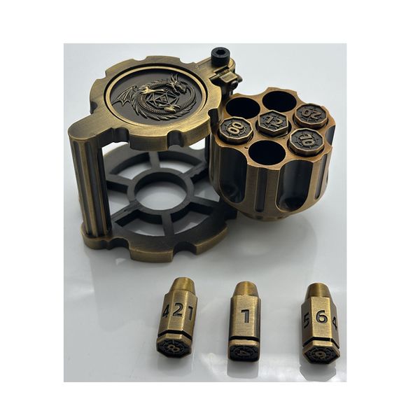 Spinning Revolver magazine Dice Cylinder Container Metal Polyhedral Bullet Dice Set for python D&D War game