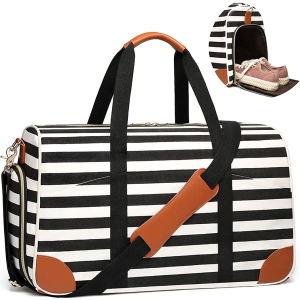 Custom High Quality Waterproof Women Leather Stripe Overnight Weekend Weekender Travel Duffel Duffle Tote Bag Men Shoe Storage