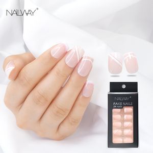 Hot Popular 24 Pcs Artificial Fake Nails Wholesale Short Square Glossy French Press On Nails