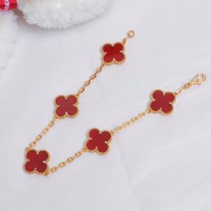 S925 Sterling Silver Luxury Brand Designer Jewelry Fashion 18K Gold Plated Red Agate Lucky Flower Bangle Bracelet Wholesale