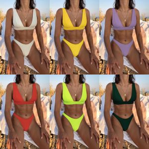 OEM/ODM Factory Custom Private Logo Solid Color High Waist Bikini Set, Push Up Sexy Bikinis Woman Swimwear