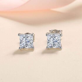 Queenme Moissanite Jewelry Square 1.2CT 2CT 4CT Princess Cut VVS Moissanite Earrings 925 Sterling Silver Stud Earring For Women