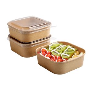 Food Grade Square Paper Salad Container Bowls Eco Friendly For Restaurant Food With PP Lids