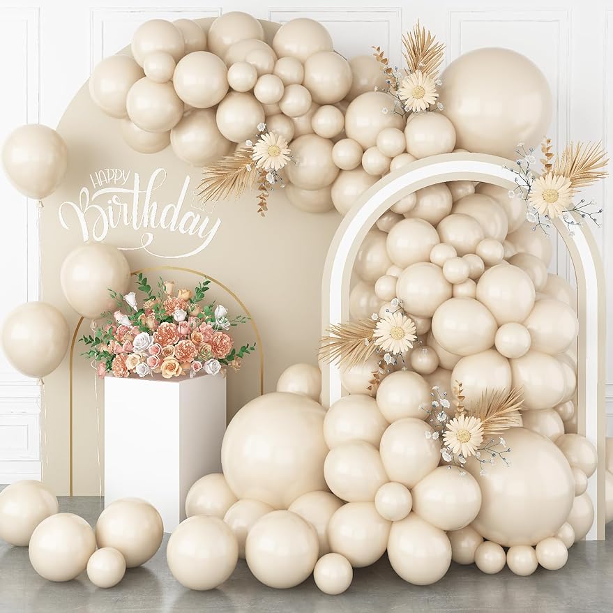 Jinhua Chaihe E-Commerce Co., Ltd. White Sand Balloons 113Pcs Different Sizes Cream Beige Balloon Garland Arch Kit 18/12/10/5 Inch, Matte Retro Neutral Sand White