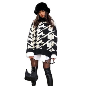 Women's New style autumn winter top geometric plaid knit casual retro pullover long sleeve high neck checked sweater