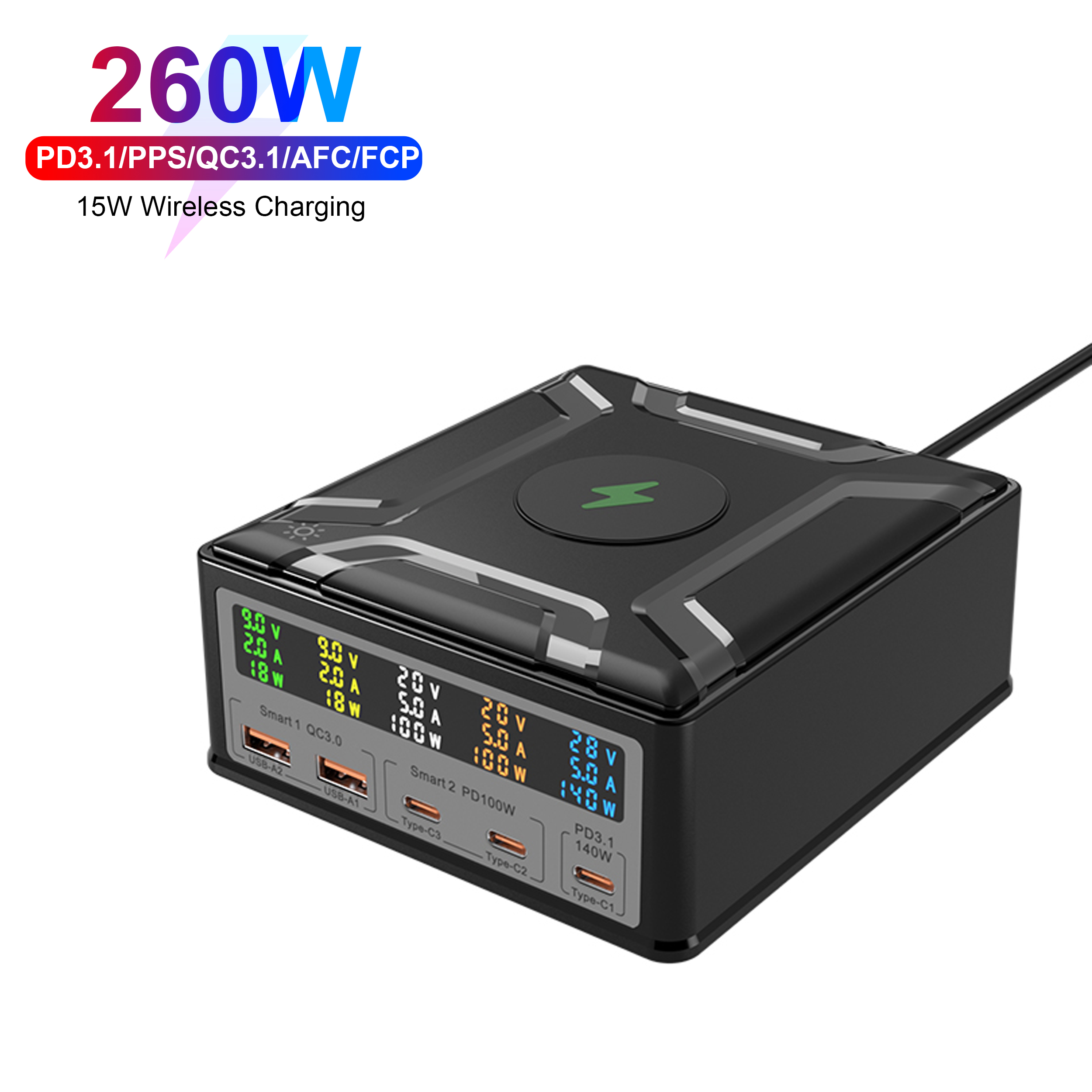PD3.1 100w/140w/260w desktop charging station with magnetic wireless charging multiple GaN charger with lcd display
