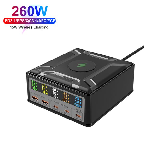 PD3.1 100w/140w/260w desktop charging station with magnetic wireless charging multiple GaN charger with lcd display