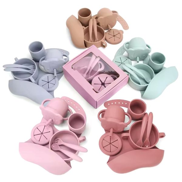 Food grade silicone toddler tableware children's tableware feeding food absorbent baby bib tray bowl fork baby feeding set