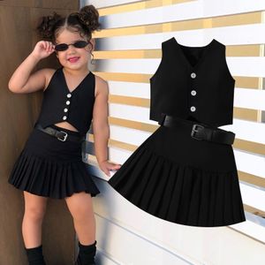 2024 Girls' clothing set summer girls outfit back to school fashion children's vest top pleated skirt with belt three-piece set