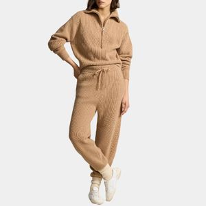 Custom logo autumn winter cashmere wool blend high quality two piece knit top with long pants sweater set women