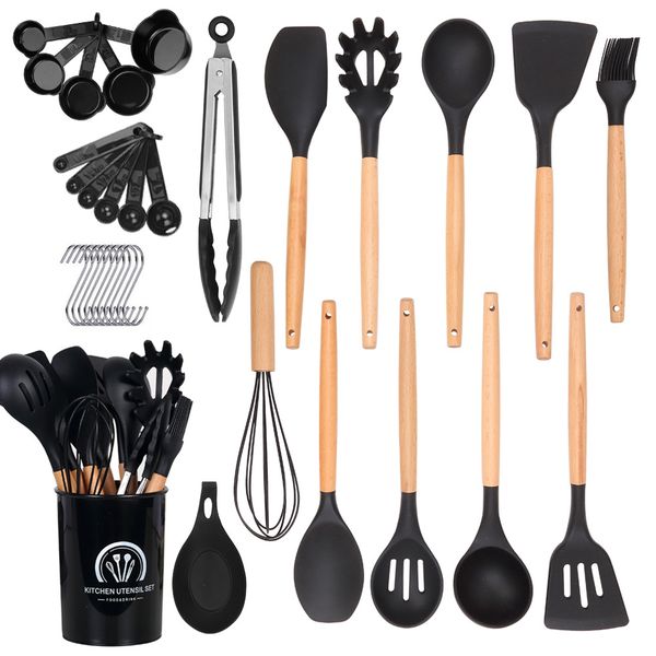 Kitchen Gadget Set 34 Pieces Non-Stick Wooden Handle Silicone Cooking Kitchen Utensils Set
