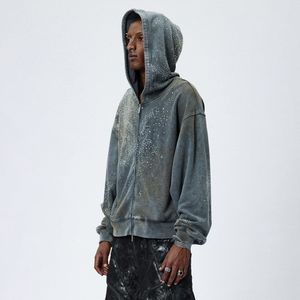 Heavyweight cotton french terry oversized men's baggy streetwear hoodies rhinestone acid wash vintage hoodies for men