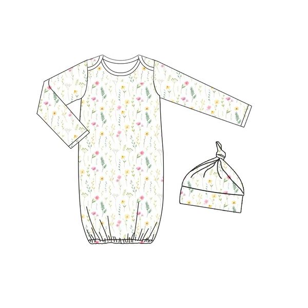 Newborn Girls Organic Bamboo Baby Clothes Long Sleeve Floral Printing Baby Gown Dress for Night