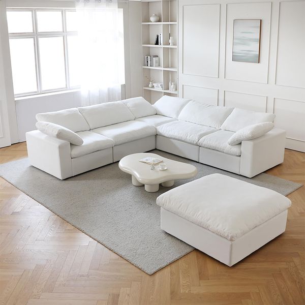Modern Living Room White Linen Fabric Cloud Couch Sofa Bed Set Furniture L Shape Modular Combination Sofa With Coffee Table