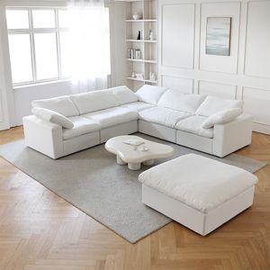 Modern Living Room White Linen Fabric Cloud Couch Sofa Bed Set Furniture L Shape Modular Combination Sofa With Coffee Table