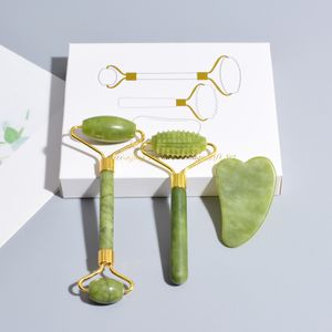 Wholesale Royal 100% gua sha facial tool Natural jade roller massager double head green jade roller and gua sha for eye