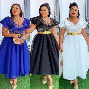 Fashion Women Plus Size Diamonds Bead Ruffle V-neck Dress Women's High Waist Long Elegant Evening Chiffon Dress With Belt