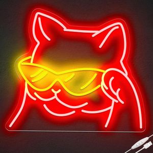 CoolFish Cool Cat LED Neon Light Sign USB Powered Dimmable Switch Wall Decor PVC Body IP67 Custom Size Red Smiling Cat Glasses