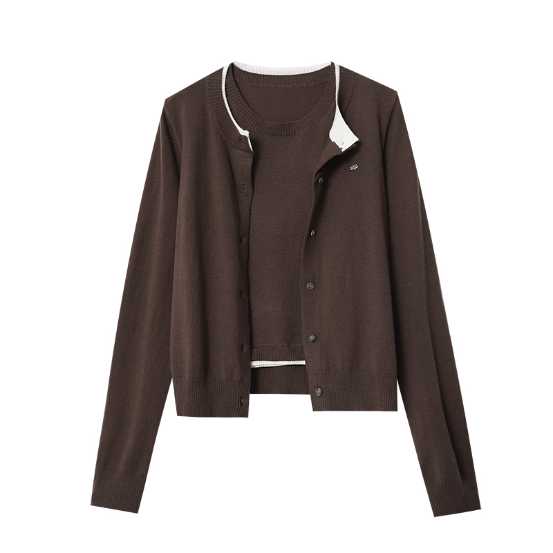Color blocking fashionable versatile round neck knitted cardigan vest two-piece set early autumn new item