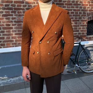 Winter Italian corduroy men's double-breasted business suit fashion warm Slim Blazer
