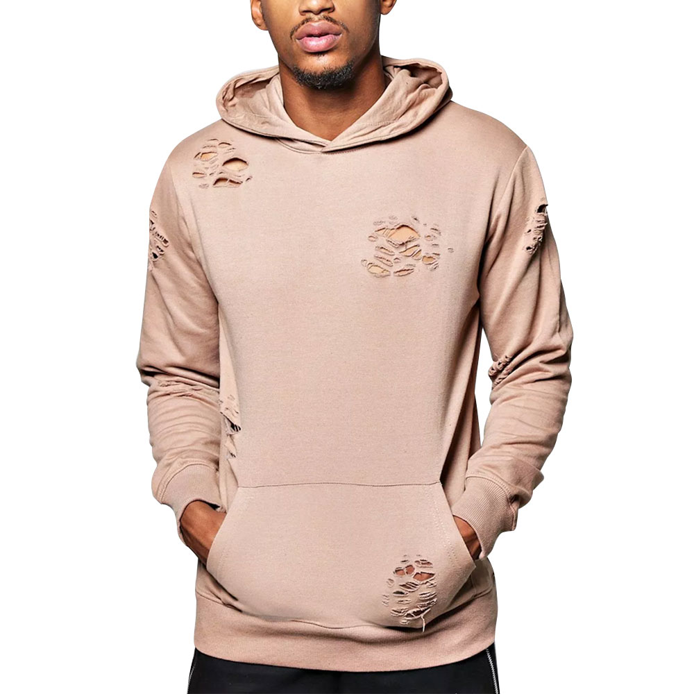 KIRSA INDUSTRY High Quality Men's Distressed Hoodie Custom Pullover Hooded Cotton Fleece Regular Sleeve Men's Distressed Hoodie