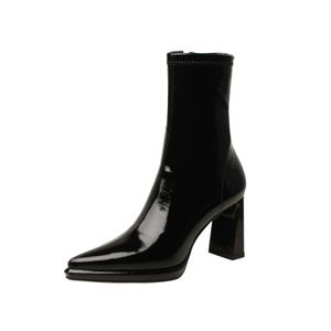 2024 New Luxury Ladies Ankle Boots Black Glossy Leather Pointed Toe High Chunky Heel PU Insole Mesh Lining Increasing Autumn