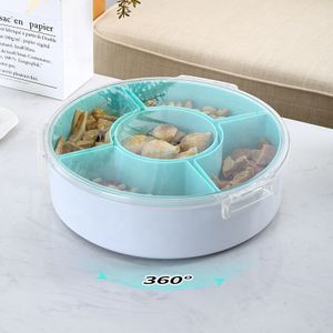PET 12 inch unbreakable fruit dried food divided serving tray round 5 compartments plastic rotating snack storage container