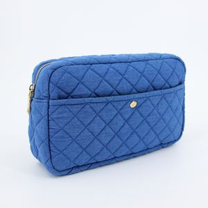 Custom Size Logo Quilted Denim Zipper Travel Skincare Cosmetic Makeup Make Up Toiletry Bag