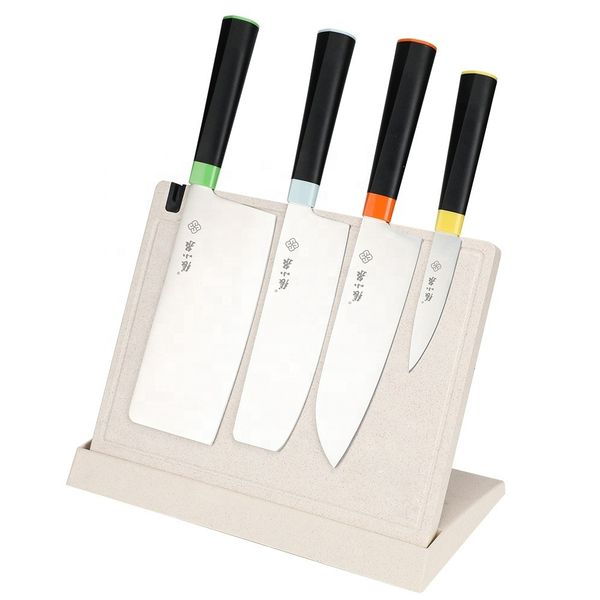 Knife set manufacturer colorful handle kitchen knife set with plastic standing magnetic knife holder and sharpener