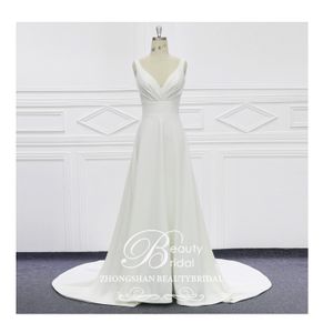 Simple plain wedding dress V neckline Ivory satin bridal gown  A line vestido de noiva