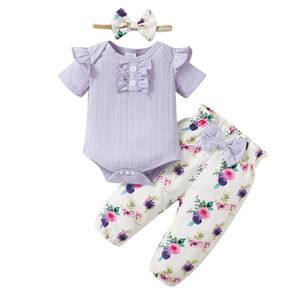 Newborn Girl Suit Baby Clothes Autumn Flying Sleeve Romper Floral Trousers Headband 3PCS Jumpsuit