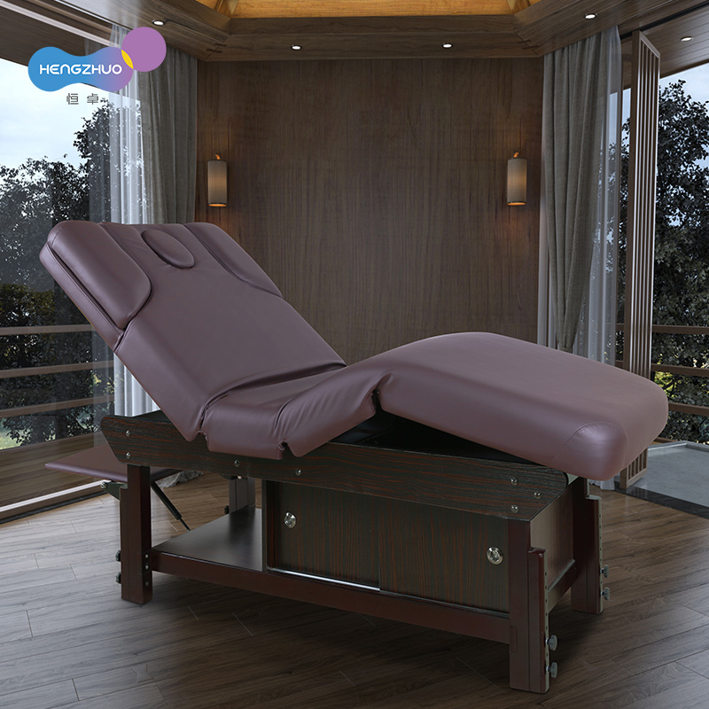 Luxury Thai Massage Bed Table Multi-function Beauty Salon Furniture Adjustable Cosmetic Lash Bed with Brown Solid Wooden Base