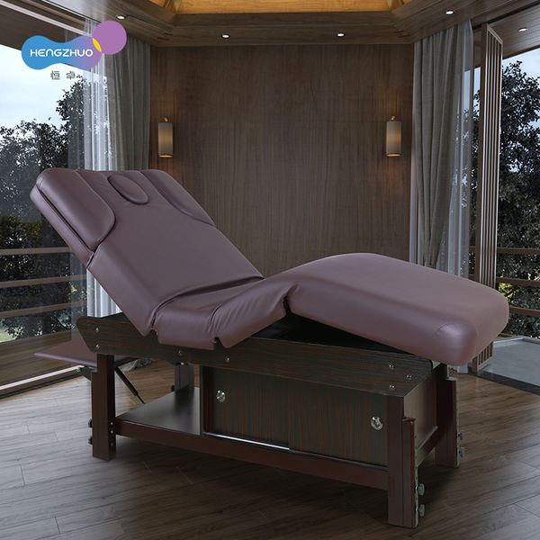 Luxury Thai Massage Bed Table Multi-function Beauty Salon Furniture Adjustable Cosmetic Lash Bed with Brown Solid Wooden Base