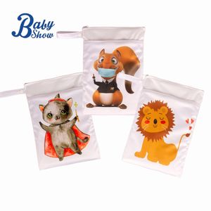 Baby Love Animals Double Layer Pocket Nappy Wet Bags Waterproof Portable Cloth Diaper Bag Travel Storage Makeup Bags