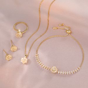 Trendy Rotatable Flower Zircon Pendant Necklace Earrings Ring Bracelet Set Fidget Spinner Flower Jewelry Set For Women Girls